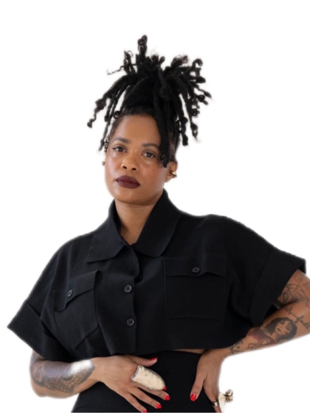 Black Cropped Button-Up Short Sleeve Top